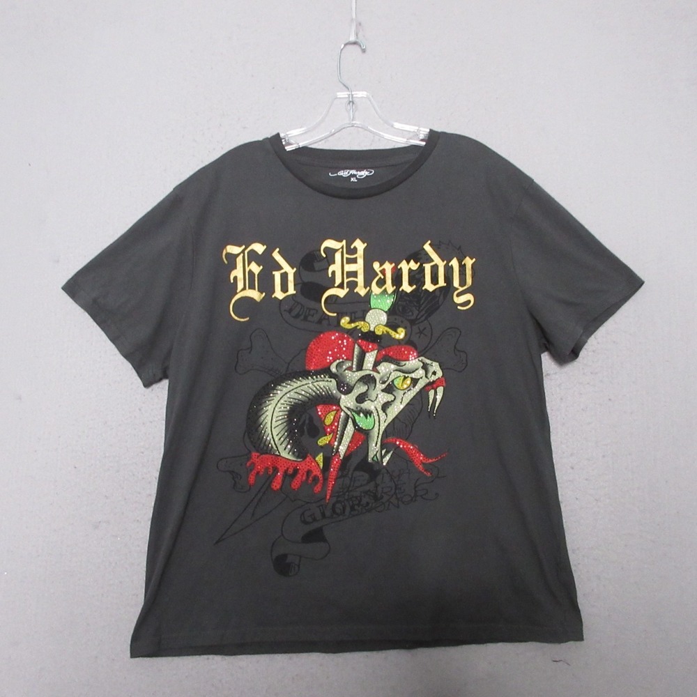 Ed Hardy Dagger Snake T Shirt Men XL Gray Y2K Studded‎ Logo Tattoo Short Sleeve